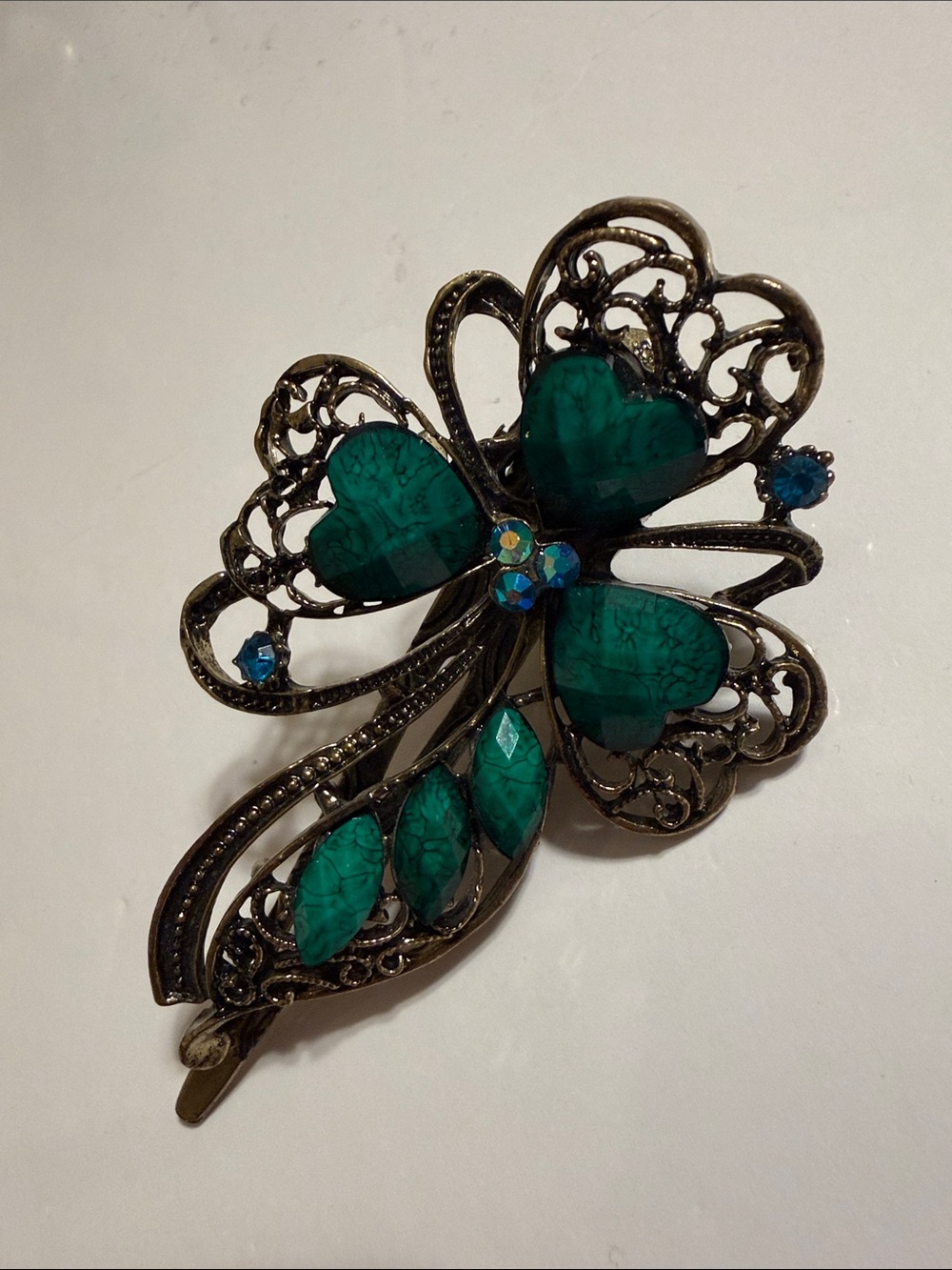 Vintage-Inspired Emerald Green Filigree Flower Hair Clip NWOT